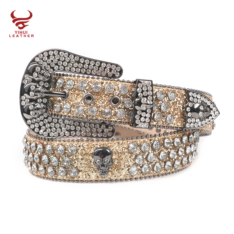 Wholesale Luxury Strap Rhinestones Belt Western Cowboy Crystal Glitter Diamond Studded Golden Big Skull Buckle Belts BB Simon