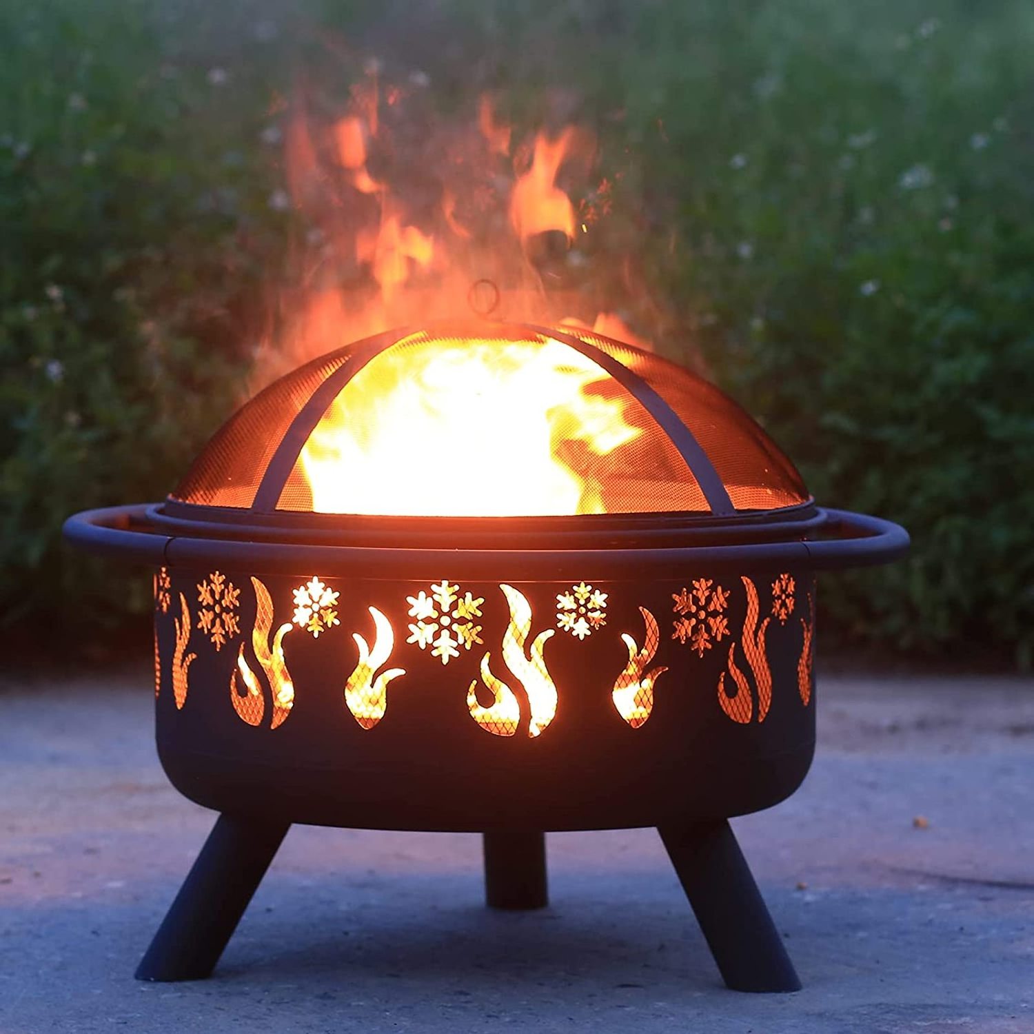 Outdoor Fire Pit 30 Inch Bonfire Wood Burning Patio  Backyard Firepit for Outside with Spark Screen Poker Pattern with Flame