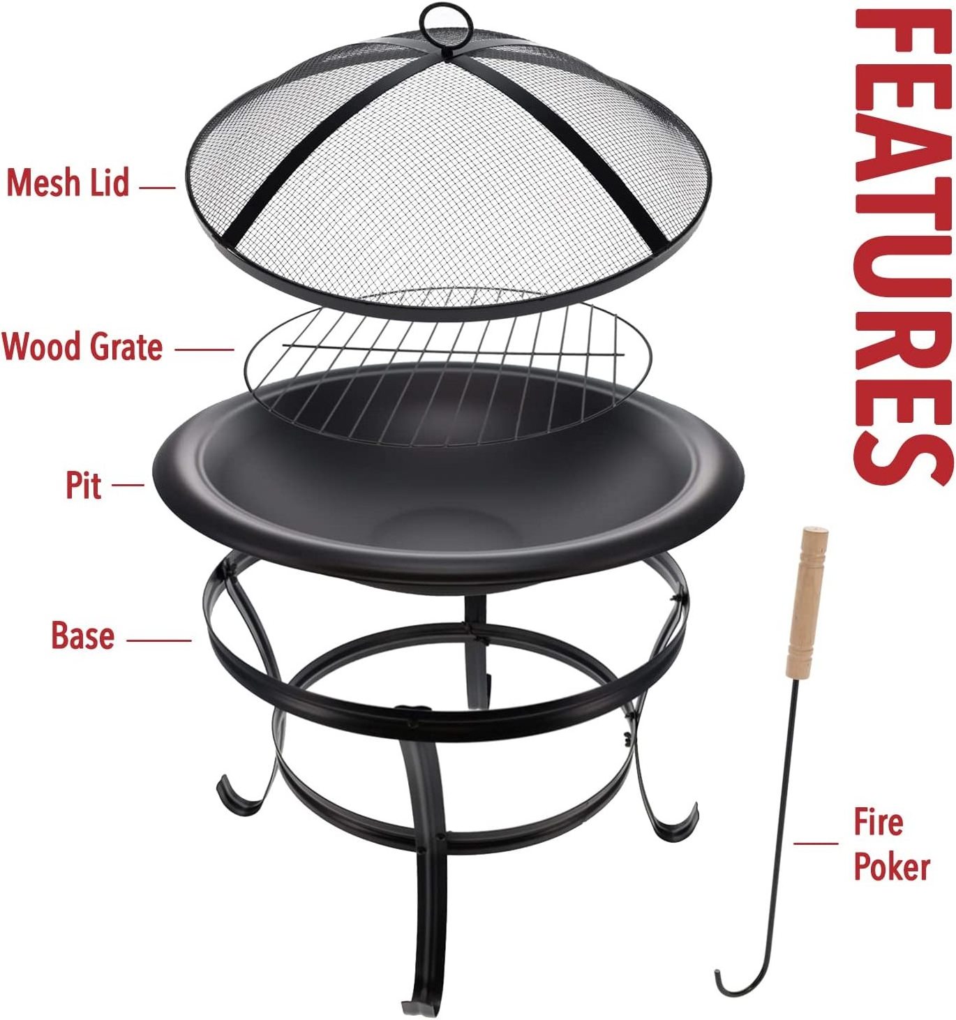 Fire Pit BBQ Grill Pit Bowl with Mesh Spark Screen Cover,Poker