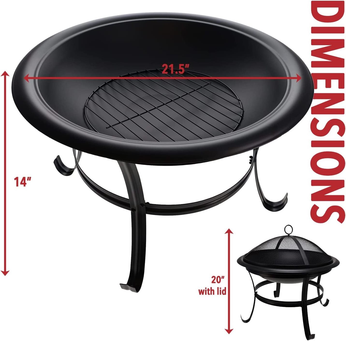 Fire Pit BBQ Grill Pit Bowl with Mesh Spark Screen Cover,Poker