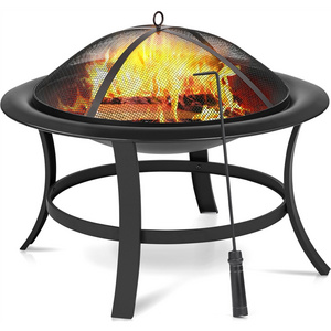 29inch Outdoor Iron Fire Pit Round Fire Pit with Spark Screen Fire Poker Wood Grate Heating BBQ Equipment for Outside,Black