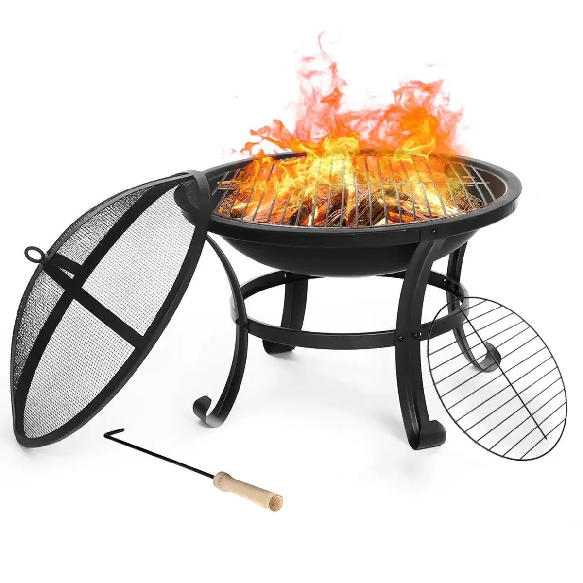 22 inch Outdoor Fire Pit with Grill Portable Fire Pits for Outside Firepits Wood Burning Metal BBQ Grill Bowl With Spark Screen