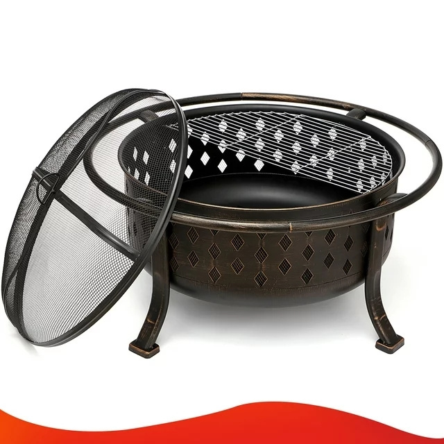 36 Inch Fire Pits for Outside Wood with Cooking Grill Grate, Spark Screen, Log Grate