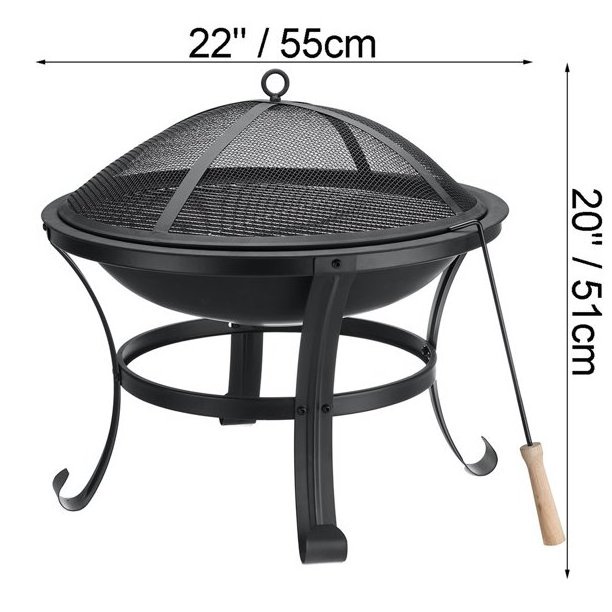 22 inch Outdoor Fire Pit with Grill Portable Fire Pits for Outside Firepits Wood Burning Metal BBQ Grill Bowl With Spark Screen