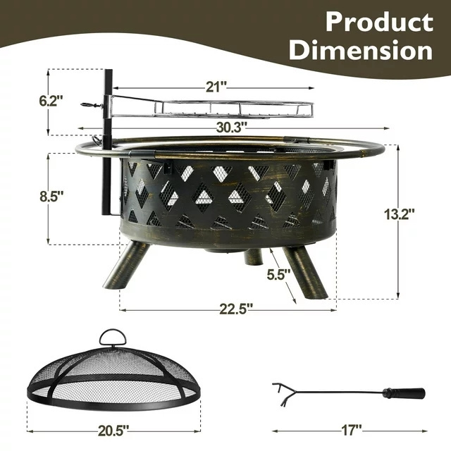 Fire Pit for Outside 30 inch Outdoor Wood Burning Firepit Large Steel Firepit Bowl with Removable Cooking Swivel BBQ Grill