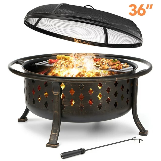 36 Inch Fire Pits for Outside Wood with Cooking Grill Grate, Spark Screen, Log Grate