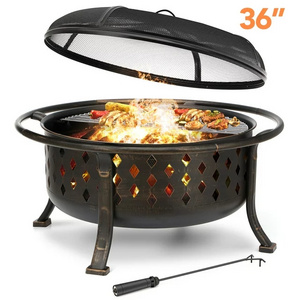 36 Inch Fire Pits for Outside Wood with Cooking Grill Grate, Spark Screen, Log Grate