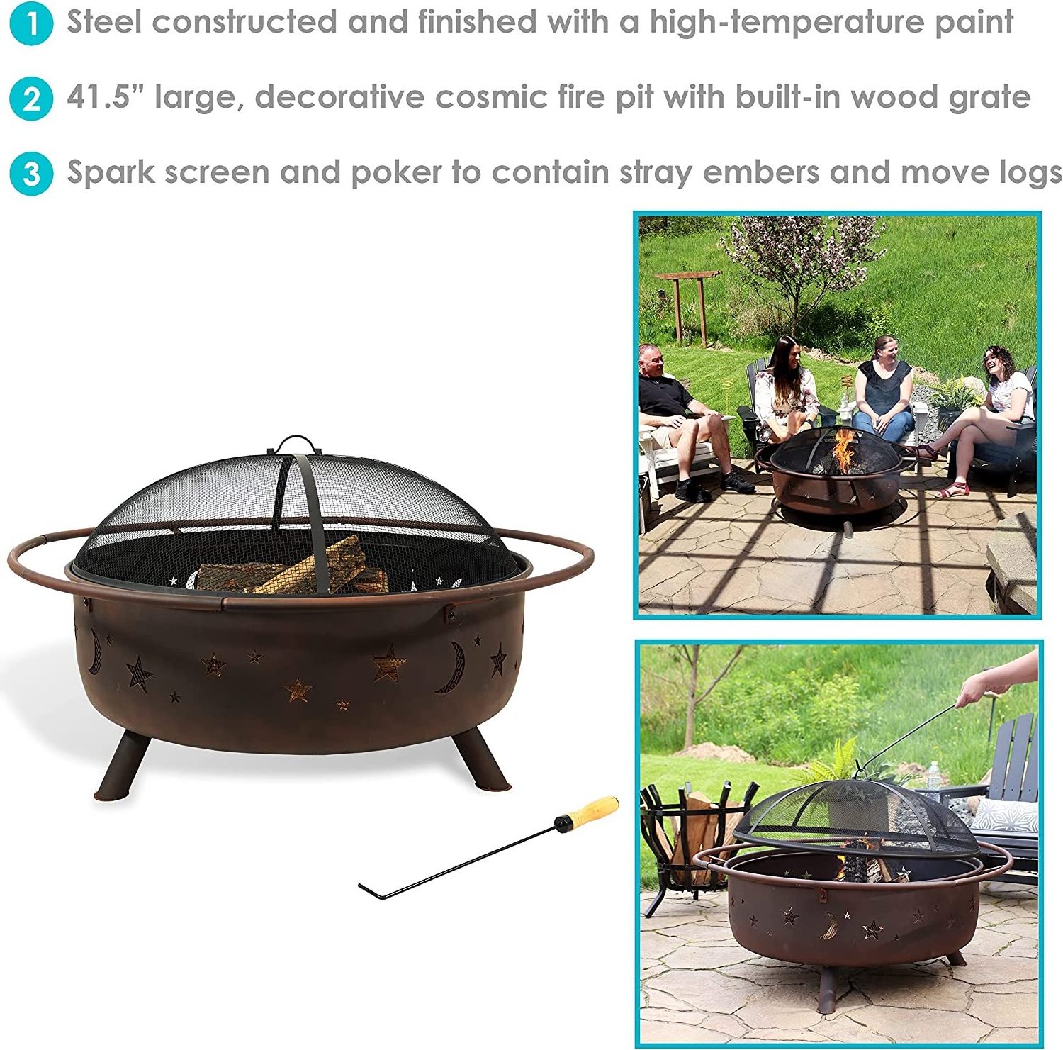 Fire Pit for Outdoors  42-Inch Large Wood-Burning Fire Pit with Moon and Stars For Home Garden