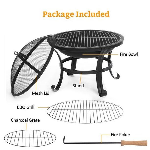 22 inch Outdoor Fire Pit with Grill Portable Fire Pits for Outside Firepits Wood Burning Metal BBQ Grill Bowl With Spark Screen