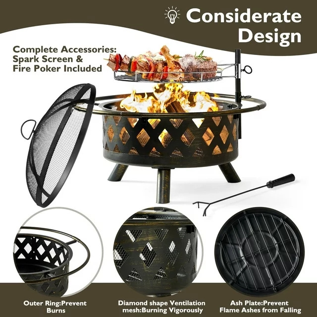 Fire Pit for Outside 30 inch Outdoor Wood Burning Firepit Large Steel Firepit Bowl with Removable Cooking Swivel BBQ Grill