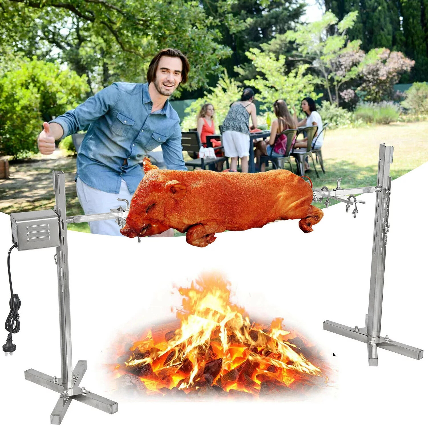 Large Stainless Steel BBQ Rotisserie Kit Spit Roaster Rotisserie Pig Lamb Roast BBQ Portable Picnic Outdoor BBQ Cooking