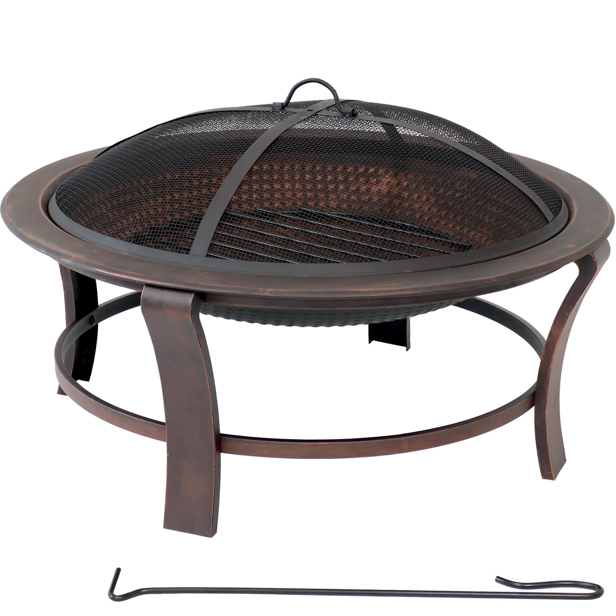 Outdoor Portable Camping or Backyard Elevated Round Fire Pit Bowl with Stand, Spark Screen, Wood Grate, and Log Poker