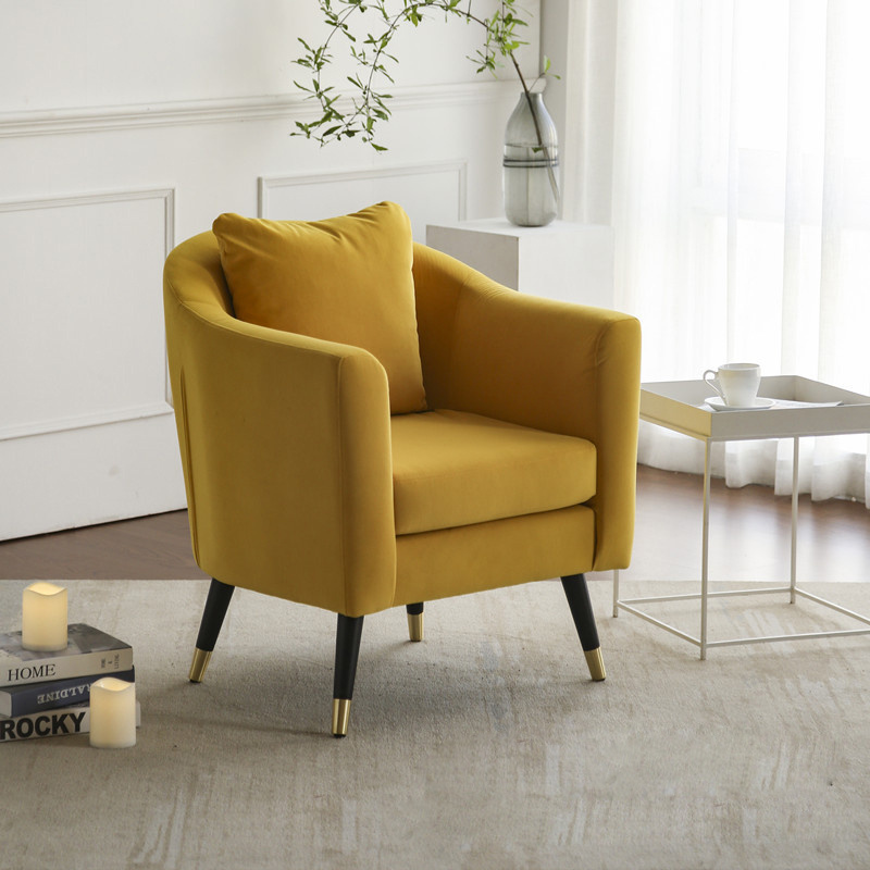 Luxury Accent Chair Comfy Fabric Upholstered Single Yellow Velvet Accent Chair For Bedroom Living Room With Wooden Legs