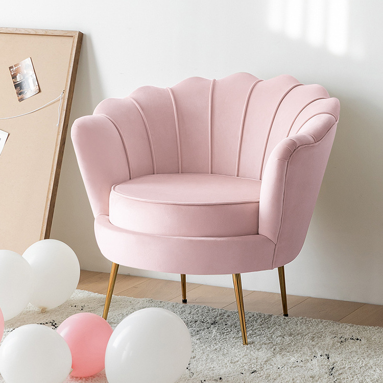 Nordic Small Apartment Living Room Chair Upholstered Barrel Pink Velvet Accent Chair With Gold Metal Legs