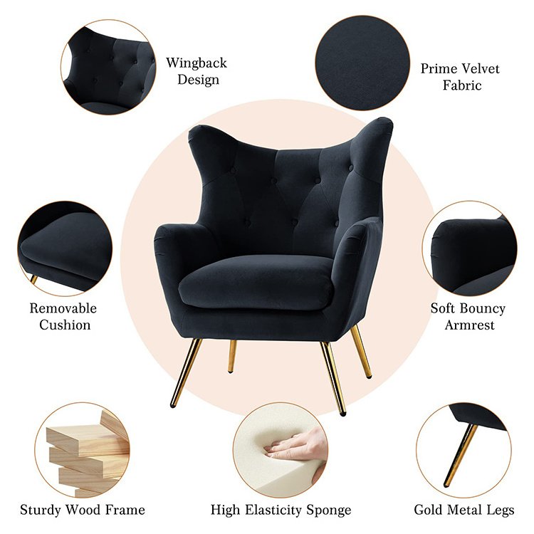 luxury Armchair Velvet Accent Chair Upholstered Single Sofa Chair Modern Wingback Arm Chair With Metal Gold Legs