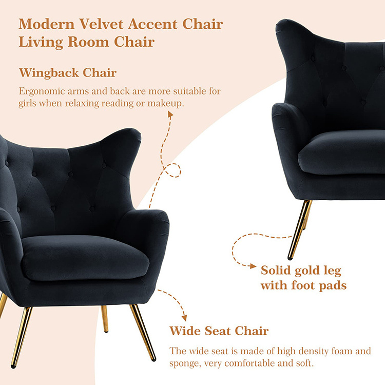 luxury Armchair Velvet Accent Chair Upholstered Single Sofa Chair Modern Wingback Arm Chair With Metal Gold Legs