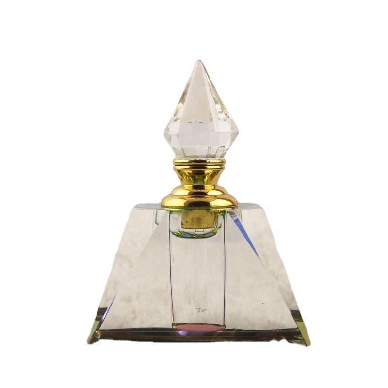 Unique style k9 crystal pyramid shaped perfume bottle/newest design crystal perfume bottle with high quality for home decoration