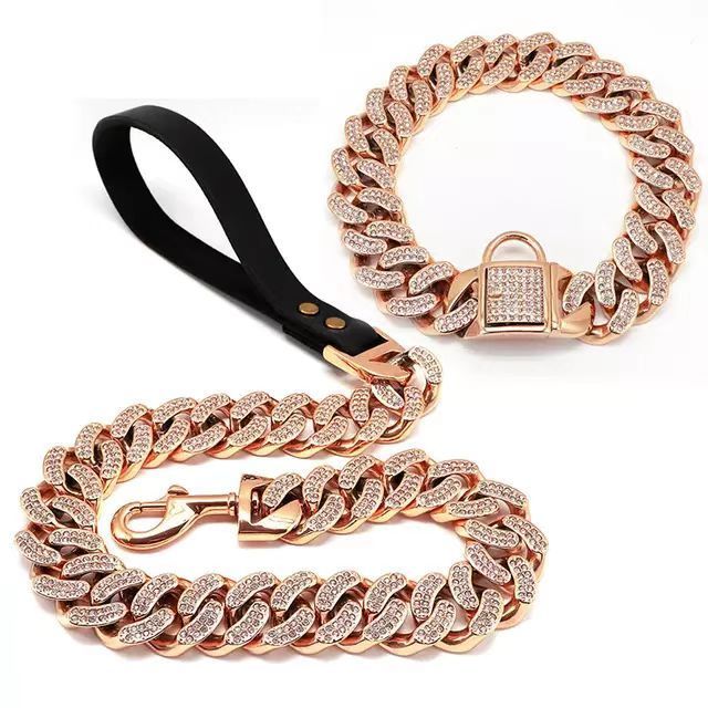 Custom luxury bling Stainless Steel Chain Heavy Pitbull Bulldog Cuban Chain Collar Braided Leather Dog Collars And Leashes