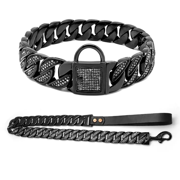 Custom luxury bling Stainless Steel Chain Heavy Pitbull Bulldog Cuban Chain Collar Braided Leather Dog Collars And Leashes