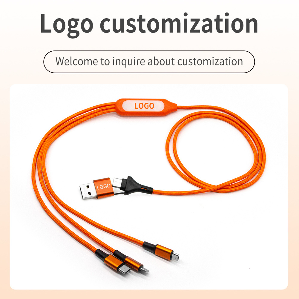 Promotional Braided 5 in 1 Logo Engrave USB Cable Luminous LED Light Micro USB Type C Fast USB Charging Cable