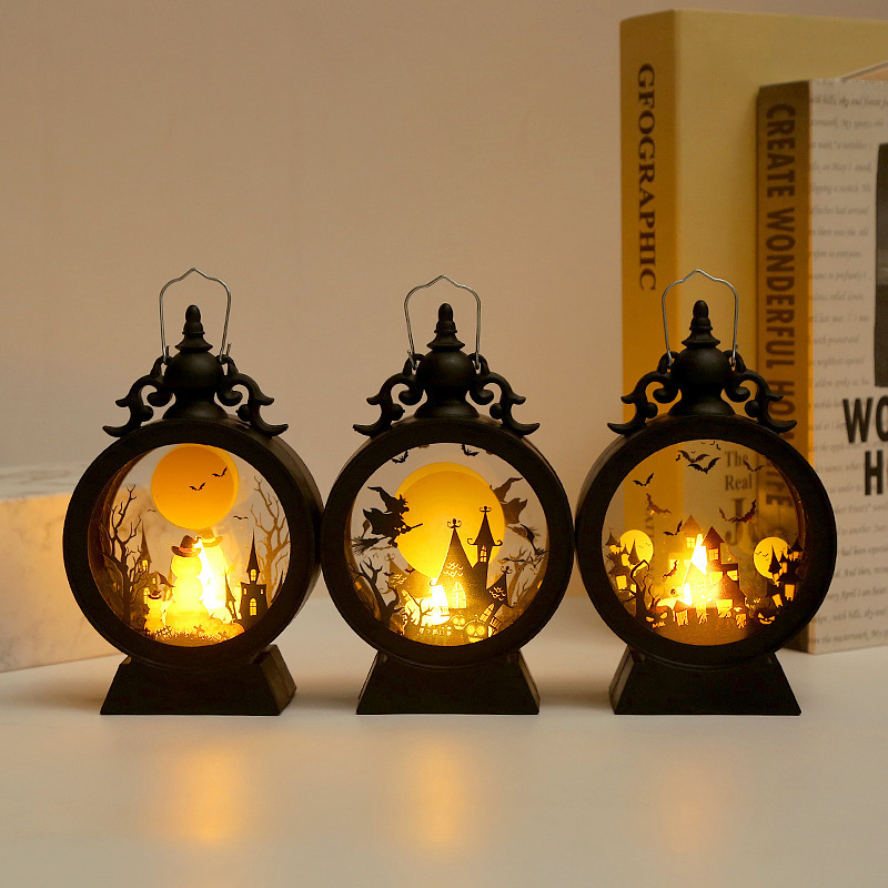 Vintage Halloween LED Wind Lamp with Pumpkin Candle Stick Lighting Ornaments Plastic Hand Lamp