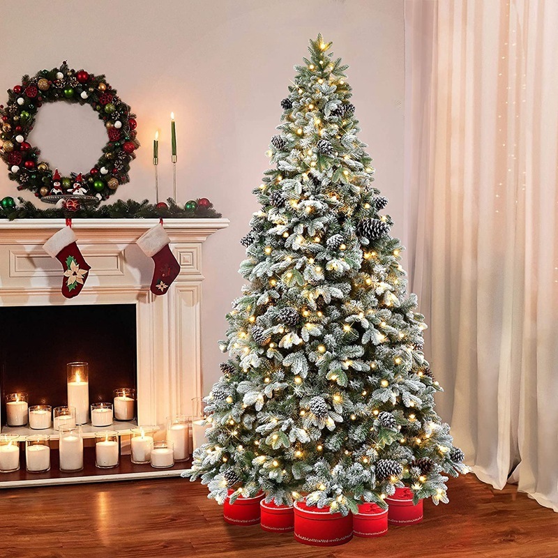 7ft Luxury Hinged Artificial Christmas Tree with Flocking and Automatic Lights Christmas Trees