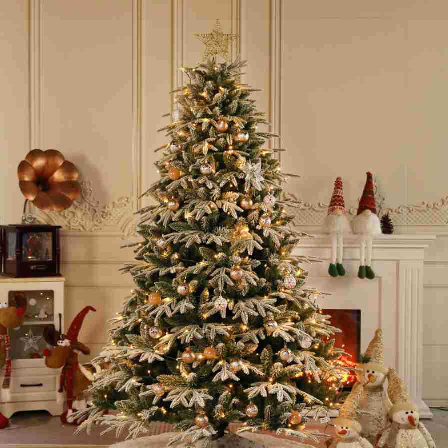 7ft Luxury Hinged Artificial Christmas Tree with Flocking and Automatic Lights Christmas Trees