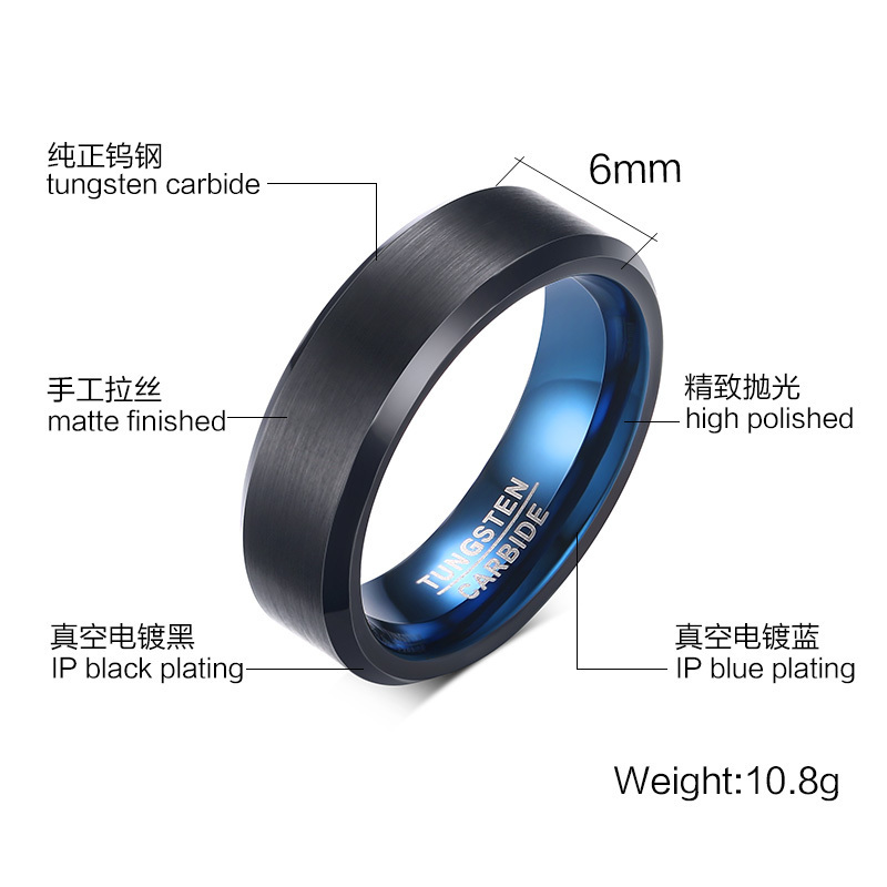 6mm Black Matte Finish Men's Tungsten Ring High Polished Beveled Edge Tungsten Carbide Wedding Bands in Stock