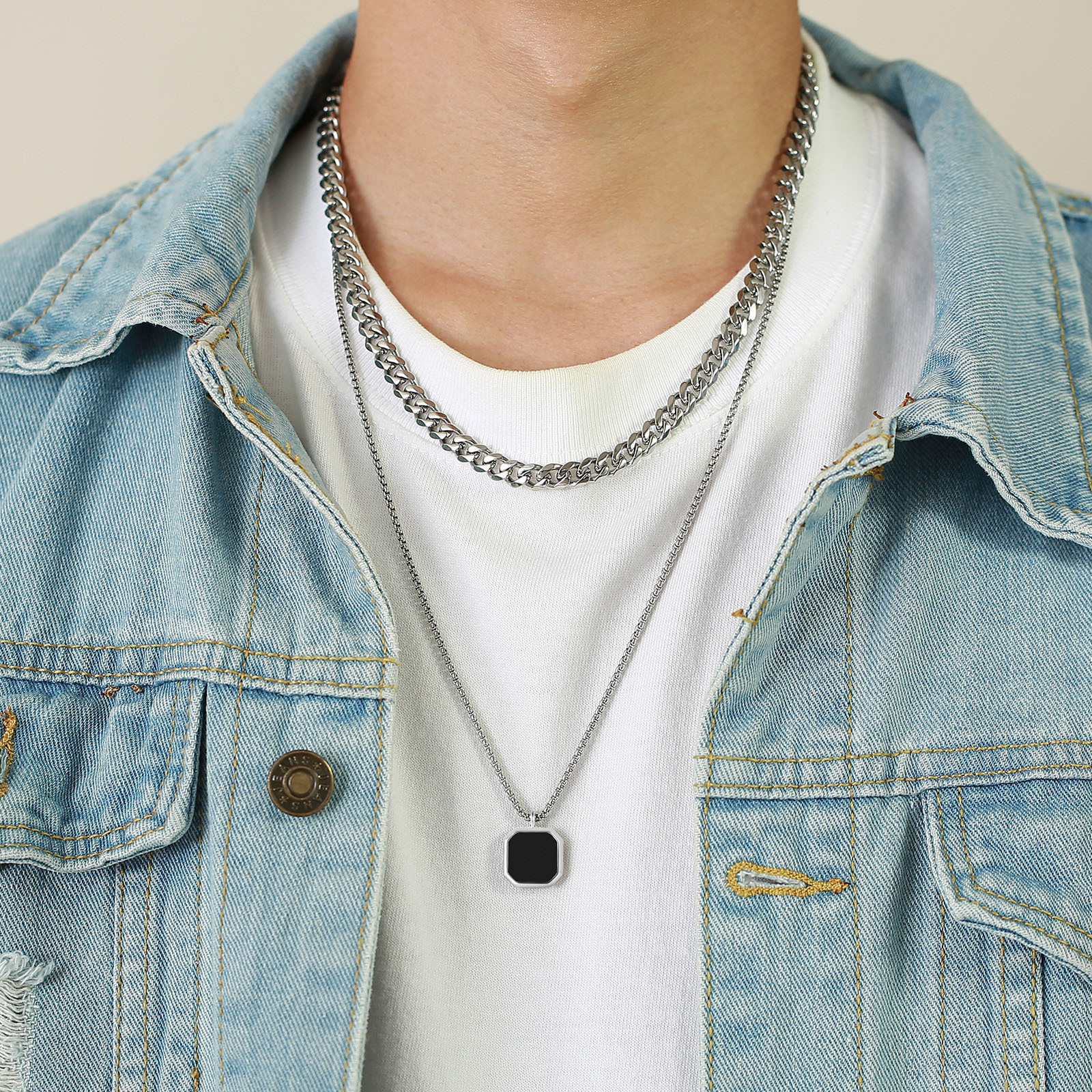 Hot Selling Geometric Square Epoxy Pendant Men Stainless Steel Turquoise White Shell Glue Drop Long Sweater Chain Necklaces