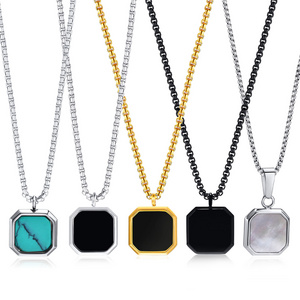 Hot Selling Geometric Square Epoxy Pendant Men Stainless Steel Turquoise White Shell Glue Drop Long Sweater Chain Necklaces