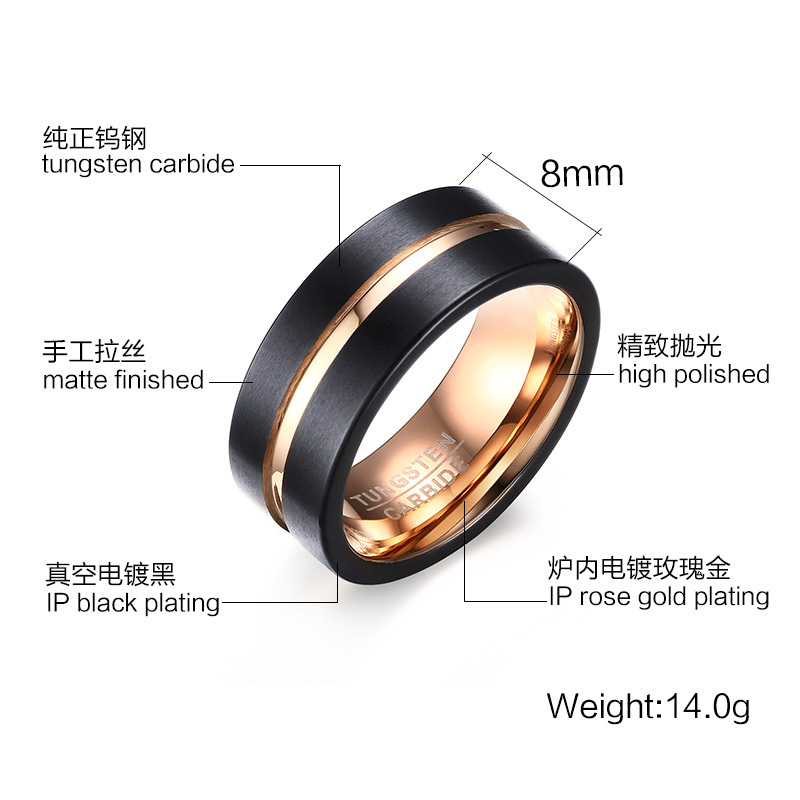 Classical Rose Gold/Color Intermediate Grooved Wedding Bands Matte Finish Men 8mm Black Tungsten Carbide Rings