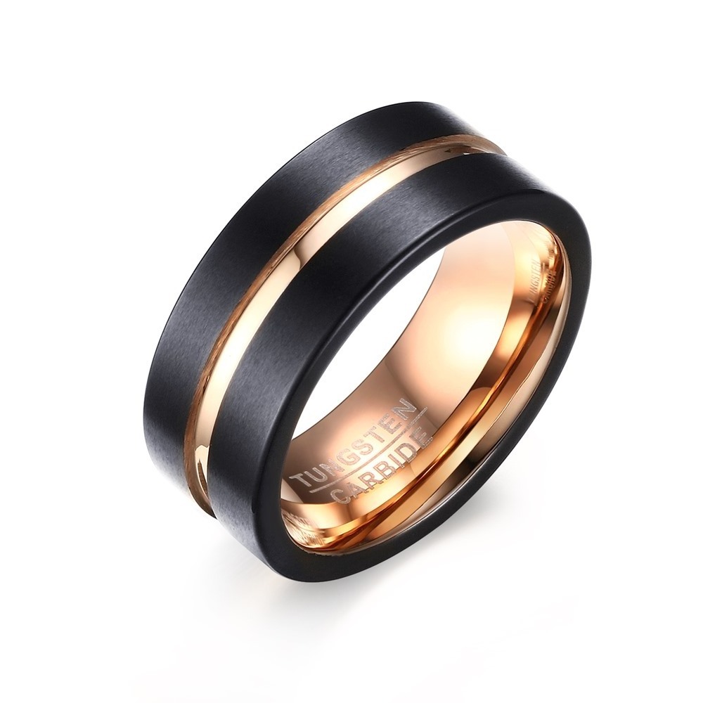 Classical Rose Gold/Color Intermediate Grooved Wedding Bands Matte Finish Men 8mm Black Tungsten Carbide Rings