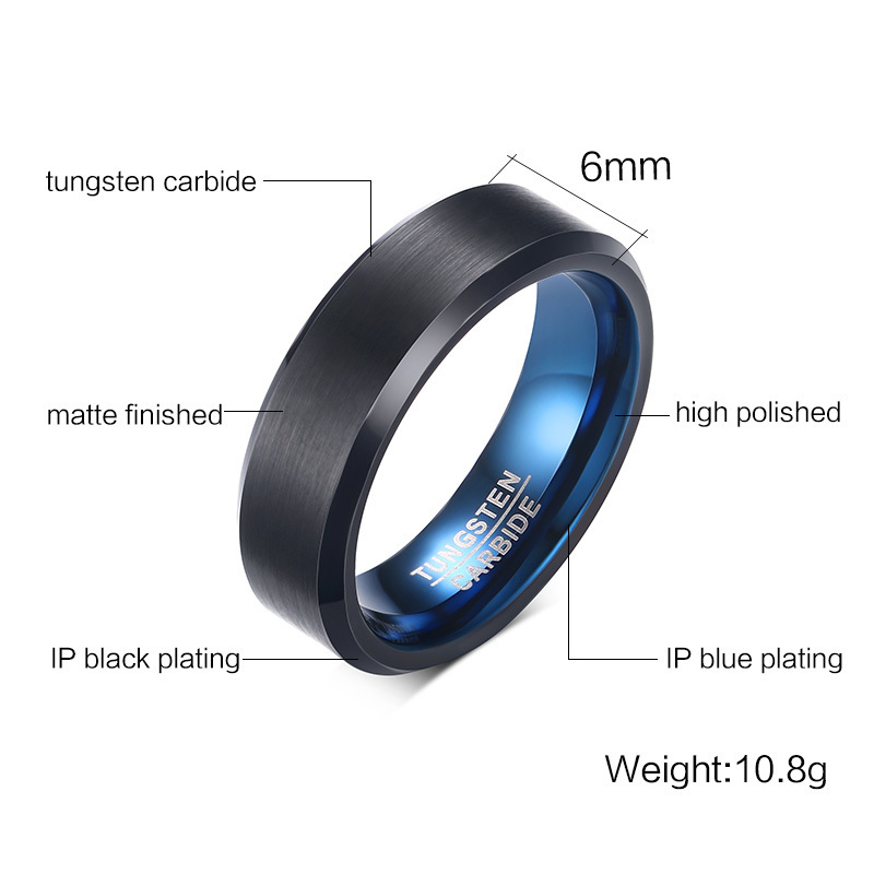 6mm Black Matte Finish Men's Tungsten Ring High Polished Beveled Edge Tungsten Carbide Wedding Bands in Stock