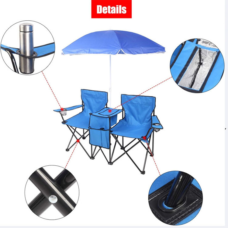 Yijie Double Folding Portable Picnic Chair With Umbrella Table,Drink Holder,Folding Table For Patio Pool Park Outdoor Beach