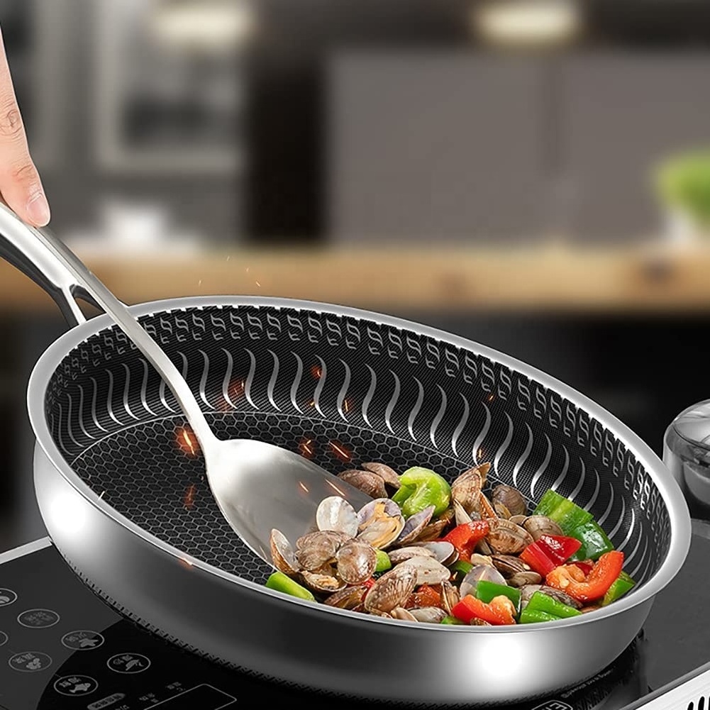 Home used 26cm nonstick honeycomb inner bottom flat pan 18/8 stainless steel wok frying pan with glass lid