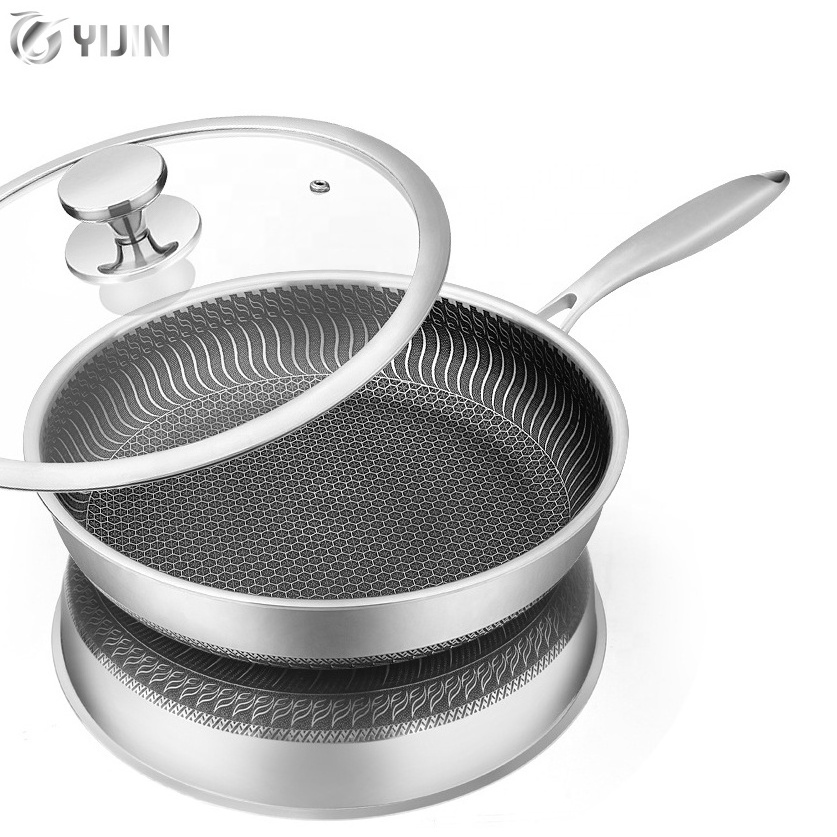 Hot Sale Sus316 Double Non Stick Cooking Honeycomb Frying Pan 18/10 Stainless Steel with Glass Lid 30cm Kitchen Aluminum Modern