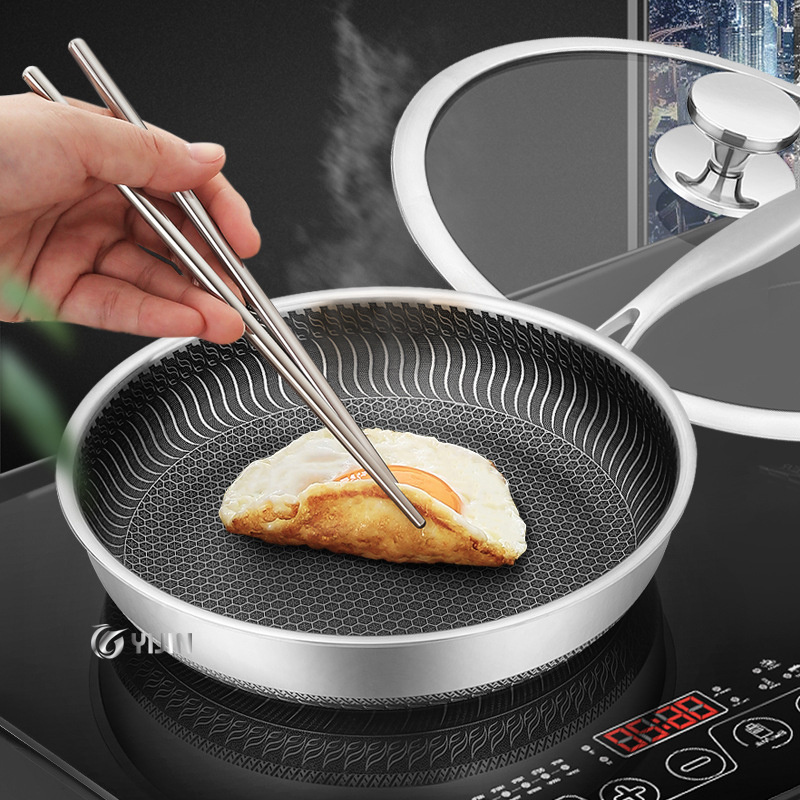 Hot Sale Sus316 Double Non Stick Cooking Honeycomb Frying Pan 18/10 Stainless Steel with Glass Lid 30cm Kitchen Aluminum Modern