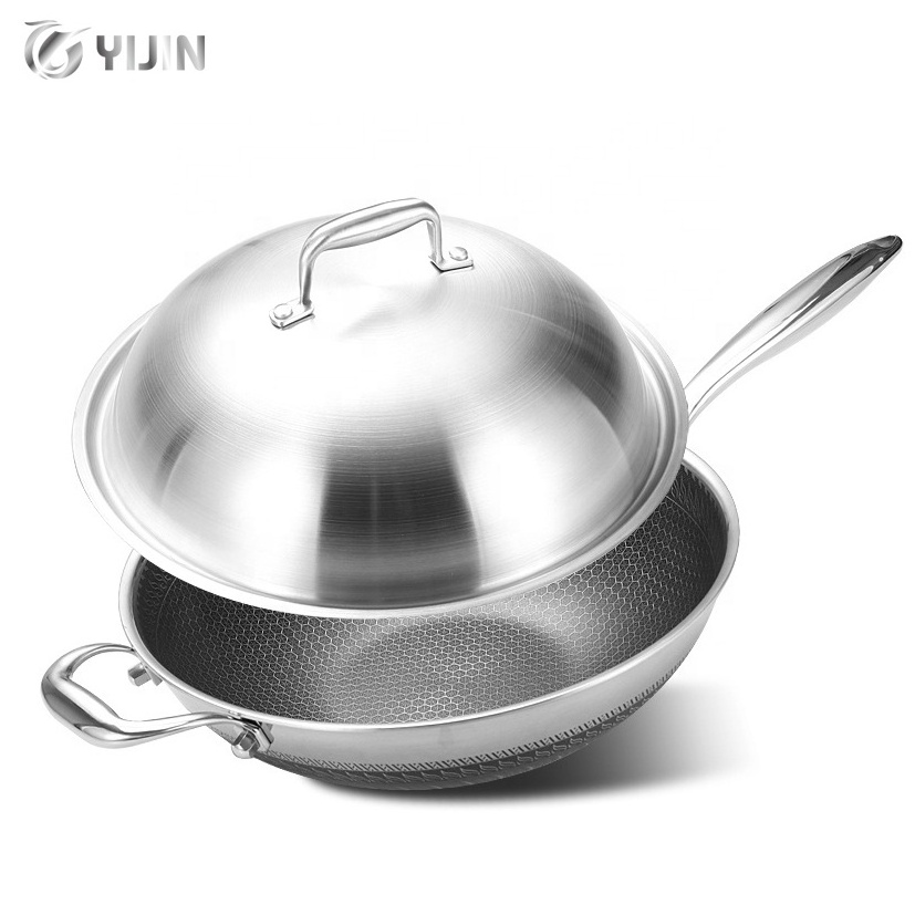 Double sided nonstick 32cm/34cm pan tri-ply bonded honeycomb 304 stainless steel frying wok with Lid