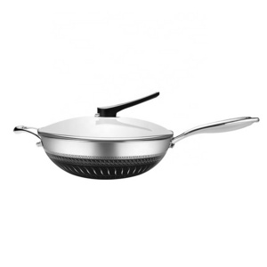 Double sided nonstick 32cm/34cm pan tri-ply bonded honeycomb 304 stainless steel frying wok with Lid