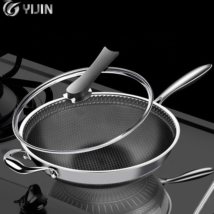 Double sided nonstick 32cm/34cm pan tri-ply bonded honeycomb 304 stainless steel frying wok with Lid