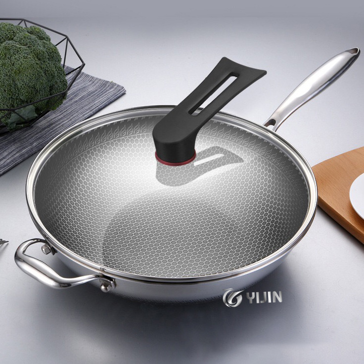 Double sided nonstick 32cm/34cm pan tri-ply bonded honeycomb 304 stainless steel frying wok with Lid