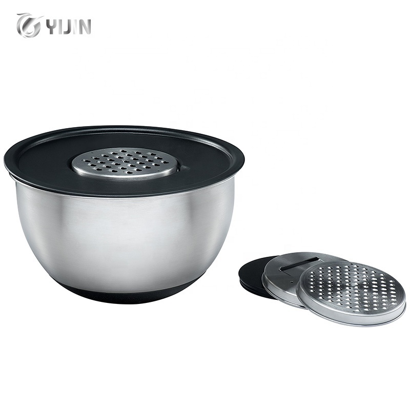 Hot sale airtight lids silicone bottom stainless steel mixing bowls with grater accessories salad bowls with cover