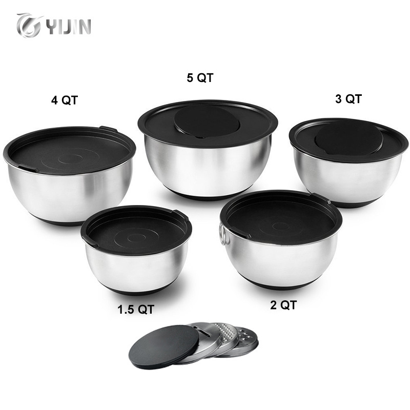 Hot sale airtight lids silicone bottom stainless steel mixing bowls with grater accessories salad bowls with cover