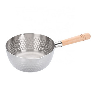 Japanese style inductional stainless steel milk sauce pan wooden handle cooking pot with glass lid