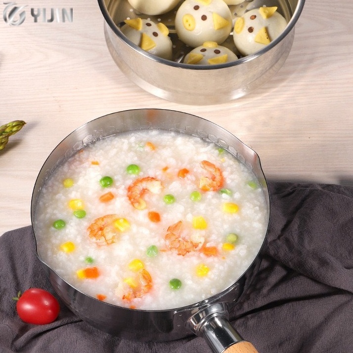 Japanese style inductional stainless steel milk sauce pan wooden handle cooking pot with glass lid