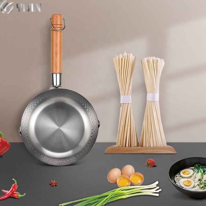 Japanese style inductional stainless steel milk sauce pan wooden handle cooking pot with glass lid