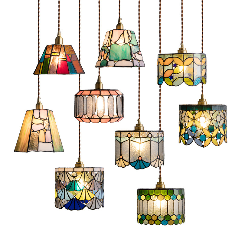 Bedside Lamp Retro Nostalgic Small Chandelier Colorful Glass Pendant Lights Dinning Living Room Beside Hanging Lamp Fixtures