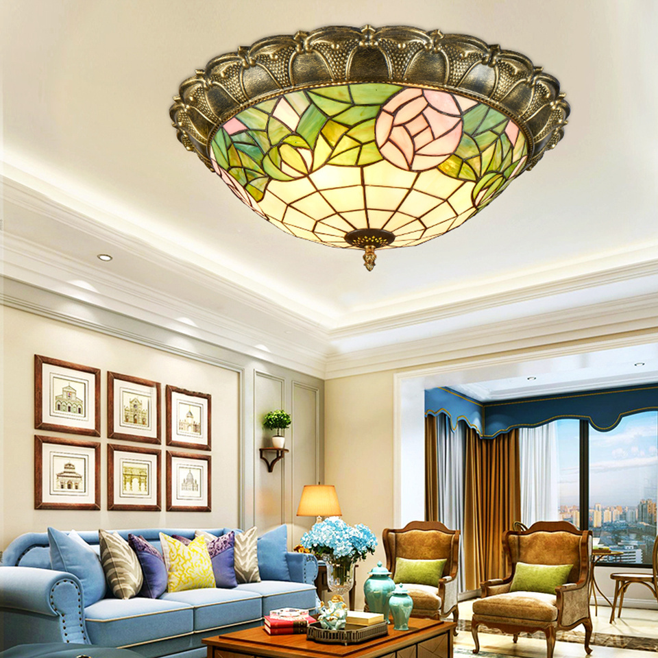 Mediterranean Style Ceiling Fixtures Light Tiffany Stained handmade Glass Lamp Shade with Retro Base for Bedroom Dining Room