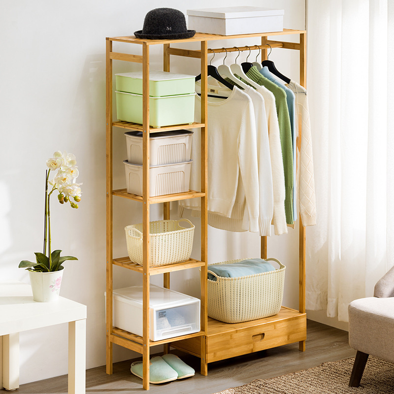 Factory Wholesale Bamboo Clothing Hanger Home Bedroom 5 Layer Clothes Storage Rack With Drawer