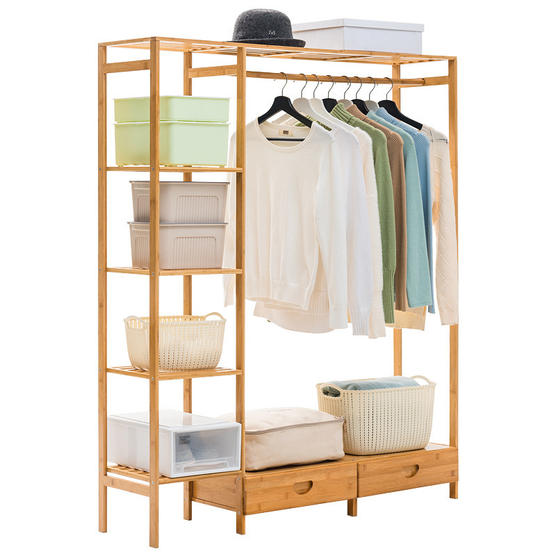 Factory Wholesale Bamboo Clothing Hanger Home Bedroom 5 Layer Clothes Storage Rack With Drawer